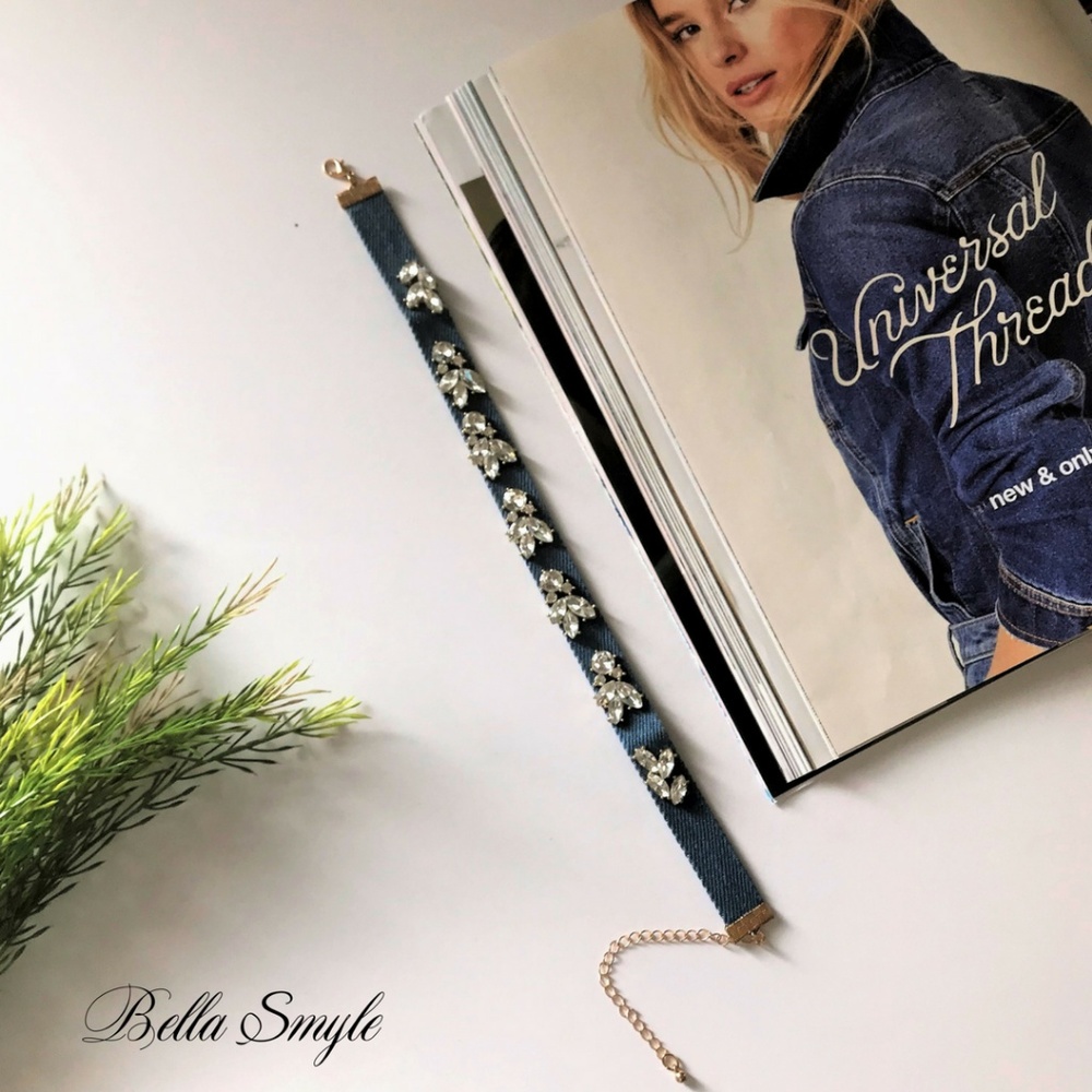 "Lina" Denim Choker Necklace With Rhinestones